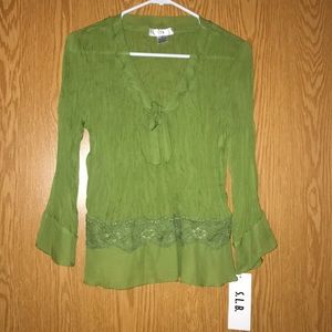 Green Sheer Bell Sleeve Blouse with Lace Detail